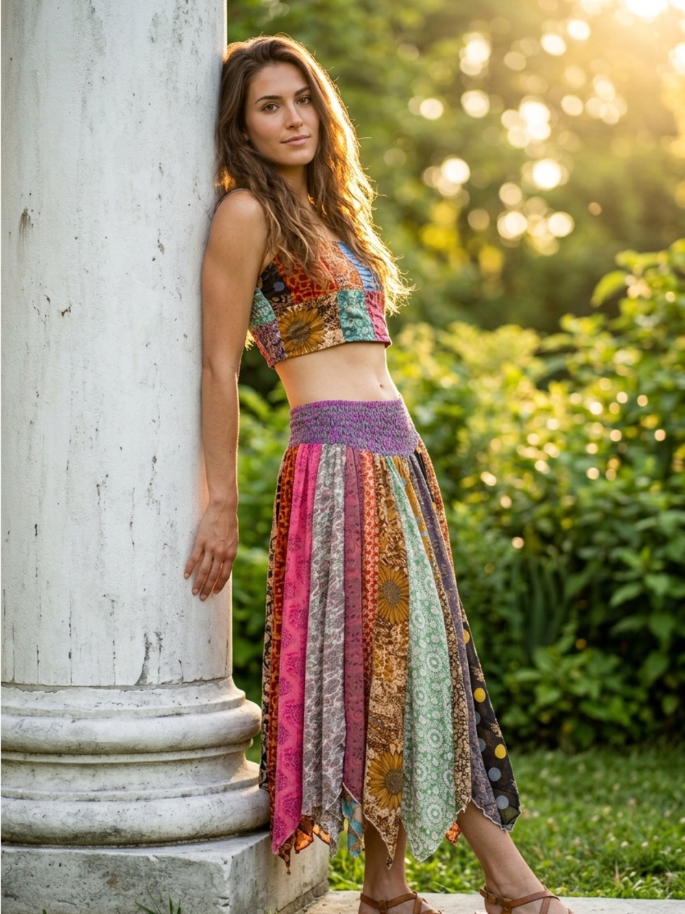 Smocked Multi-Panel pixie hankerchief hem Maxi Skirt  100% silk, twirl ready!